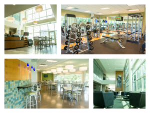 Various amenites at The Rawlings Group, cafe, sitting area, exercise room